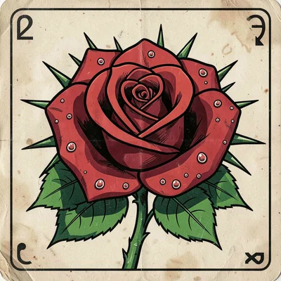 Mexican lotería card illustration, a rose with thorns and dewdrops on petals , b