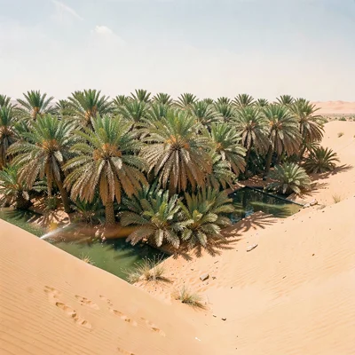 Desert environment photograph, extreme heat conditions, An oasis palm grove seen