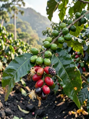 Coffee Branch Showing Full Lifecycle from Flower to Ripe Cherry