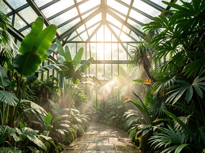 A modern conservatory: banana plants and bird-of-paradise, mist nozzles creating