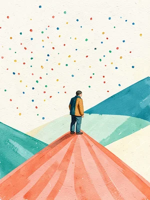 Standing at the top of a coral ramp, one figure looks down across a cream and te