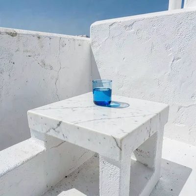 Cycladic whitewash study, Greek island lime, White marble table with blue glass 