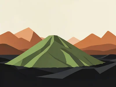 Copper-green ore heap rises on a charcoal slag field under a cream midday sky, r