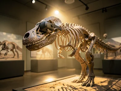 Dinosaur skeleton in natural history museum wearing VR headset, gallery lighting