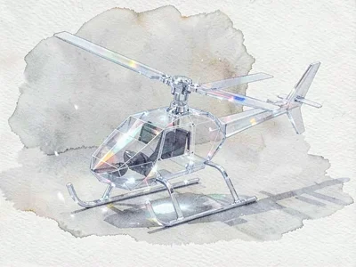 Refracted ice-clear lowpoly helicopter with a thin transparent body and crisp bl