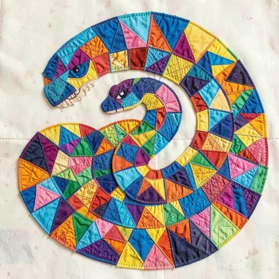 Panamanian mola textile illustration, a snake coiled with geometric skin layers 