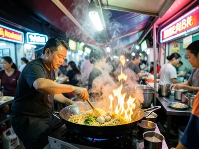A night market stall in Bangkok, a wok engulfed in flames as the cook tosses pad