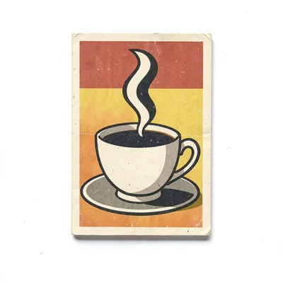 Czech matchbox label illustration, a coffee cup with steam rising , vintage East
