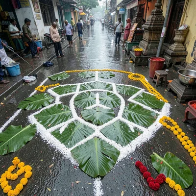 Looking down at Chennai's overlooked patterns, Banana leaves placed on kolam for