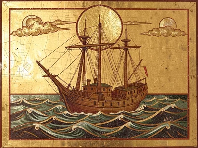 Ship at sea rendered in mosaic style — flat water, stylized waves, golden sky