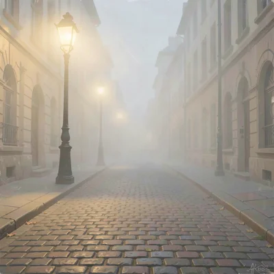 Streetlamp throwing a soft warm pool onto cobbles, the rest of the boulevard era
