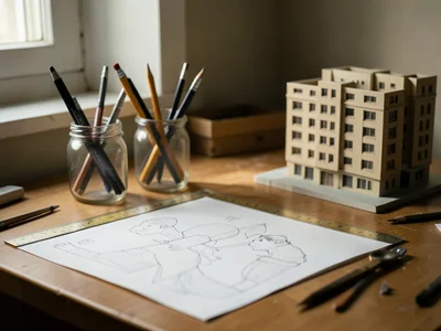 An architect's desk: a scale ruler, tracing paper, mechanical pencils in a jar, 