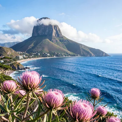 Cape Town mountain-sea duality, Table Mountain backdrop, protea flower in foregr