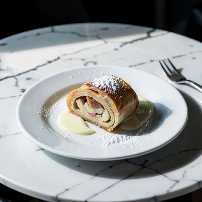 Crisp Alpine clarity, formal composition, Apfelstrudel slice on white porcelain 