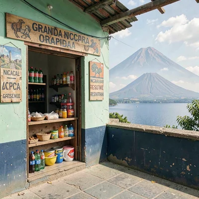 Colonial color against volcano in Granada, Nicaragua, A corner pulperia with han