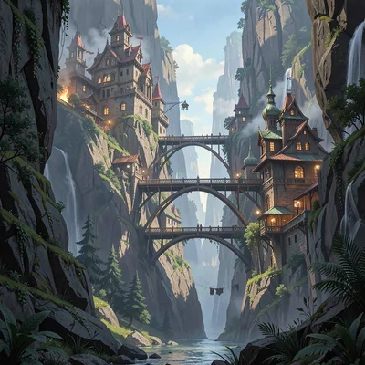 Fantasy environment illustration, a vertical city built into canyon walls, bridg