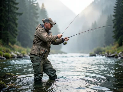 Person fly fishing in mountain stream, morning mist, waders, casting line