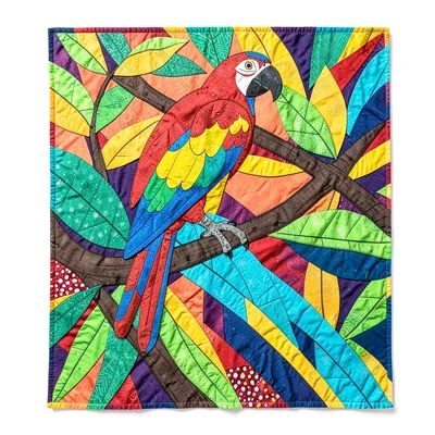 Panamanian mola textile illustration, a parrot perched on branches with foliage 