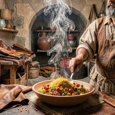 Through the Fes tannery eye, leather and dye craft, Couscous platter being prepa