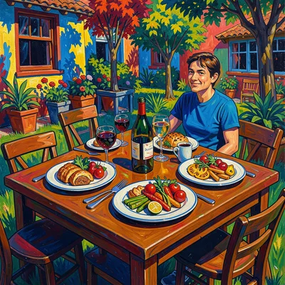 Outdoor restaurant table with food — every element in a non-naturalistic color