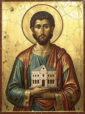 Architect holding a building model, Byzantine spatial compression in scene