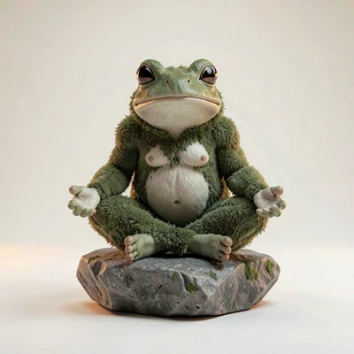 Mossy frog-elder seated atop an invisible stone with hands resting on knees in c