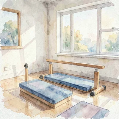 Atmospheric watercolor of a small physical therapy gym at quiet morning, padded 