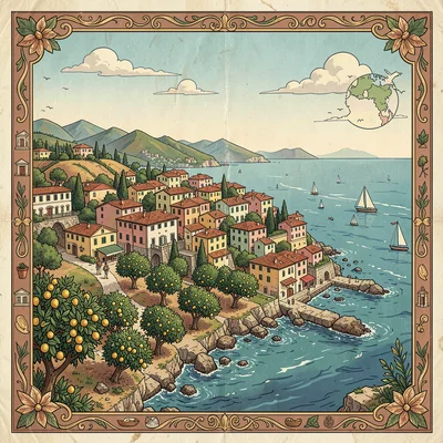 Illustrated map illustration, Italian coast with Amalfi villages and lemon grove