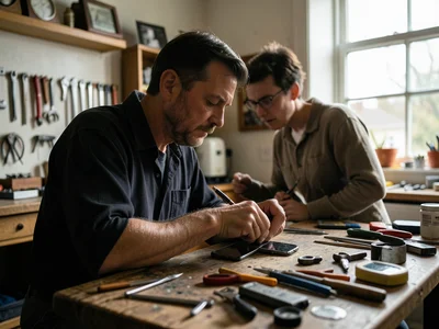 Smartphone repair workshop in Vermeer-style lighting, tools as still life object