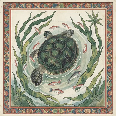 Turtle swimming among seaweed and small fish, overhead view