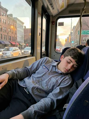 A teenager sleeping on a city bus at 6am, school uniform wrinkled, the weight of