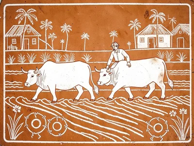 Two oxen plowing a field — lines of turned earth, farmer guiding behind