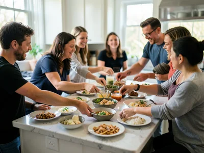 Potluck dinner spread on kitchen island, hands reaching for dishes, diverse grou