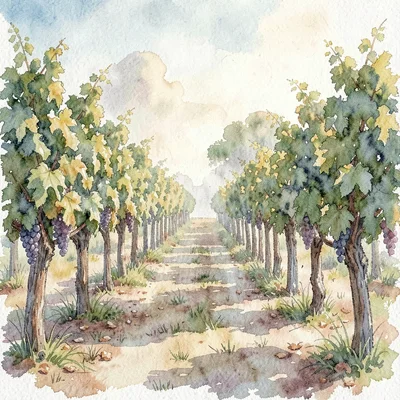 Watercolor of a vineyard ceremony aisle through rows of vines, late-afternoon ha