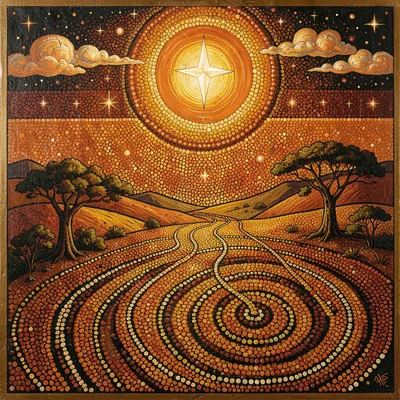 Indigenous Australian dot painting illustration, the morning star rising over co