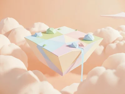 Pastel-faceted island floating above a peach-toned cloudscape with a tiny waterf