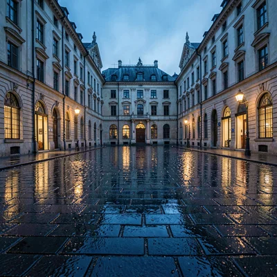 Atmospheric old square at blue hour with reflections in the wet flagstones