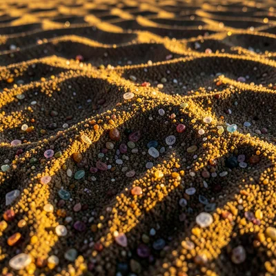 Sand grain macro, individual quartz crystals in varied colors and degrees of rou