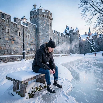 Quebec winter heritage, walled city under snow, Ice skater tying laces on a benc