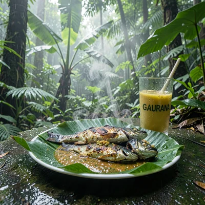 Tropical rainforest photograph, humid jungle atmosphere, A plate of grilled fish