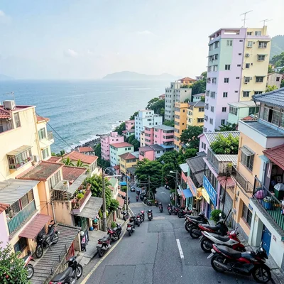 Busan vertical density, hillside village stacking, motorcycles parked on impossi