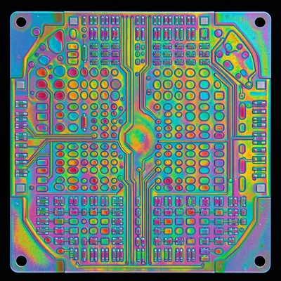 Analog circuit die, organic-looking layout with varied component sizes, resistor