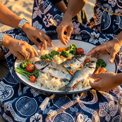 Saturated textile-rich photograph, Thieboudienne rice dish on large enamel platt