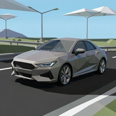 Low-poly illustration, low-poly car on highway , faceted geometric surfaces, tri