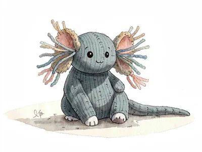 Long-bodied dusty-teal knit axolotl with feathery yarn-tassel gills and a tiny s
