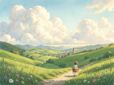 A tiny figure in a white dress carrying a wicker basket along a winding path thr