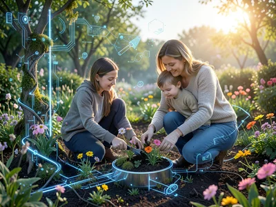 Mother and child planting flowers together in garden, spring afternoon