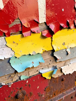 Fire hydrant paint layers, thick accumulation of red over yellow over silver, ch