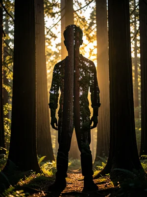 Standing figure silhouette filled with sequoia forest, trunk lines following bod