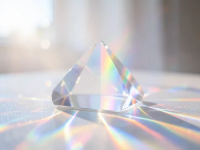 Prism beam through morning window fog, soft rainbow fan with atmospheric diffusi